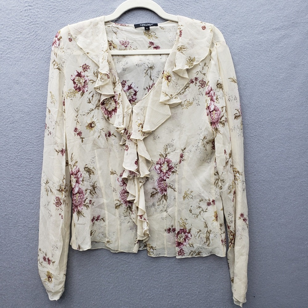 Karen Kane Ruffle Front Silk Blouse Cream Pink Floral Romantic Feminine Cottage